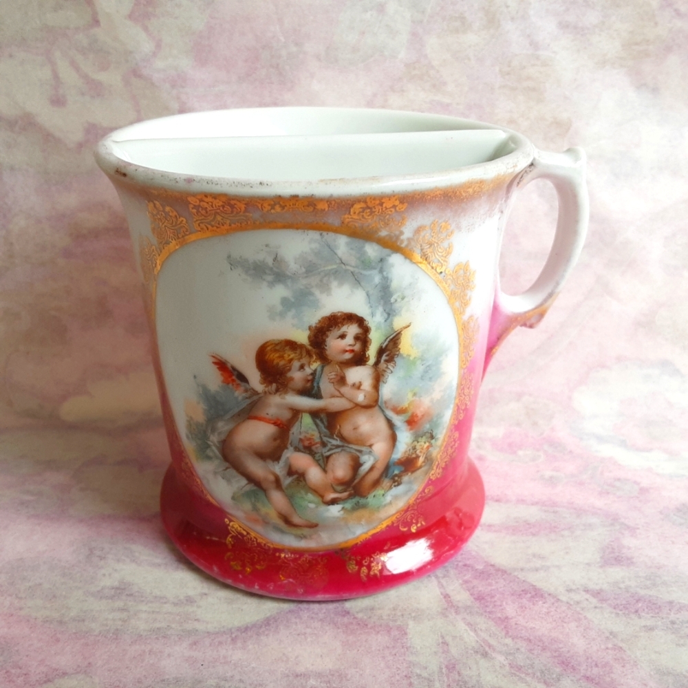 Antique Cherubs Shaving Mug, Porcelain, Germany, Gold Accents, Ornate